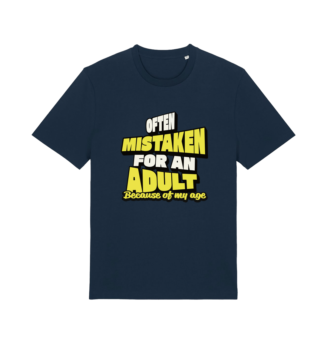 navy funny slogan t-shirt that reads 'often mistaken for an adult because of my age'