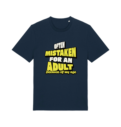 navy funny slogan t-shirt that reads 'often mistaken for an adult because of my age'