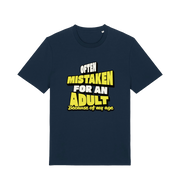 navy funny slogan t-shirt that reads 'often mistaken for an adult because of my age'
