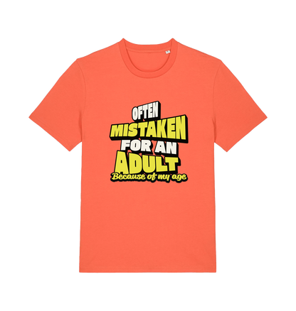 orange funny slogan t-shirt that reads 'often mistaken for an adult because of my age'