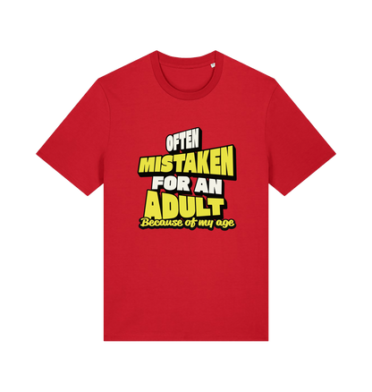 red funny slogan t-shirt that reads 'often mistaken for an adult because of my age'