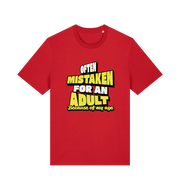 red funny slogan t-shirt that reads 'often mistaken for an adult because of my age'