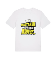 white funny slogan t-shirt that reads 'often mistaken for an adult because of my age'