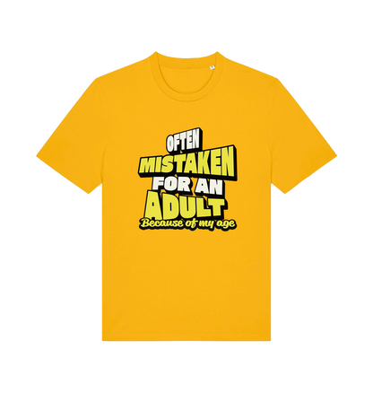 yellow funny slogan t-shirt that reads 'often mistaken for an adult because of my age'