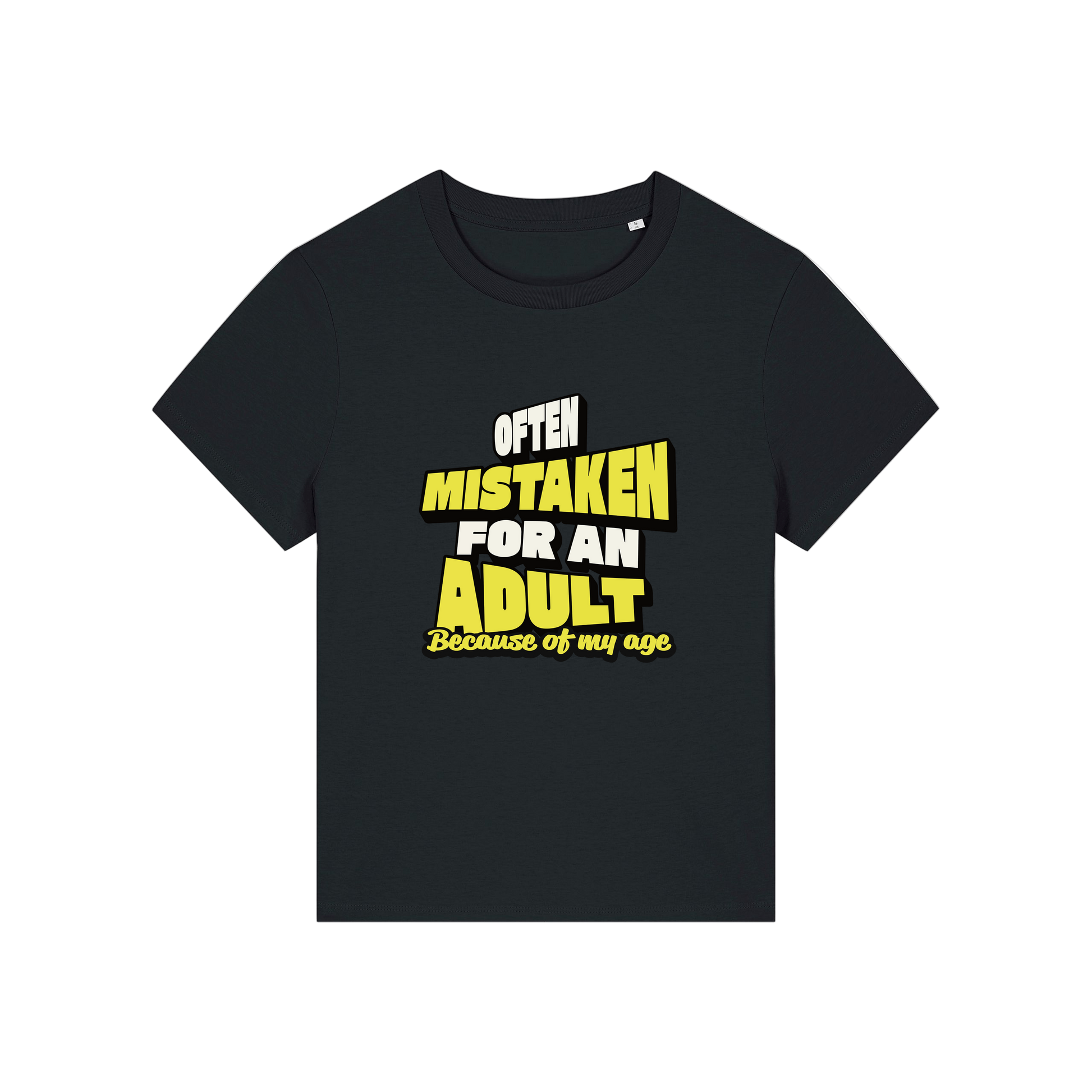 black funny slogan t-shirt that reads 'often mistaken for an adult because of my age'