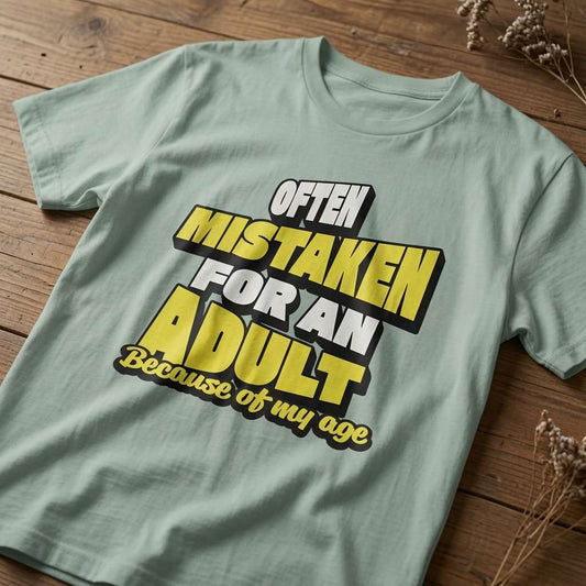 Green bay Often Mistaken For An Adult Because Of My Age t-shirt laid flat on a wooden surface showing the bold graphic slogan, fun ladies birthday slogan gift design that every no-nonsense lady will claim