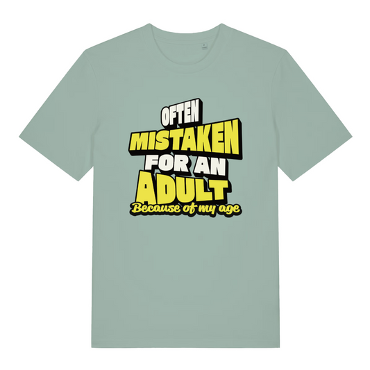 green women's funny slogan t-shirt with the text 'often mistaken for an adult because of my age'