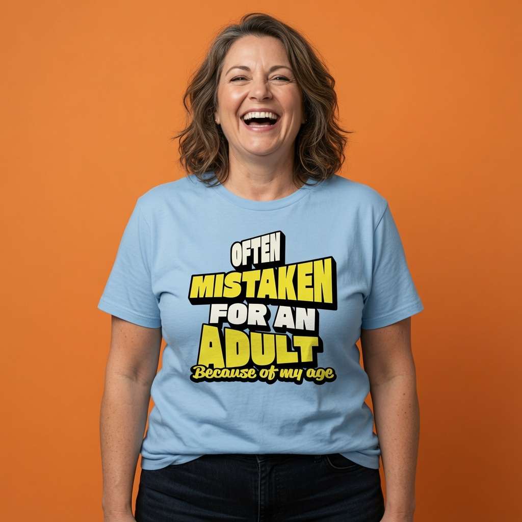 Woman laughing while wearing a light blue Often Mistaken For An Adult Because Of My Age t-shirt, funny ladies birthday slogan design full of pure attitude