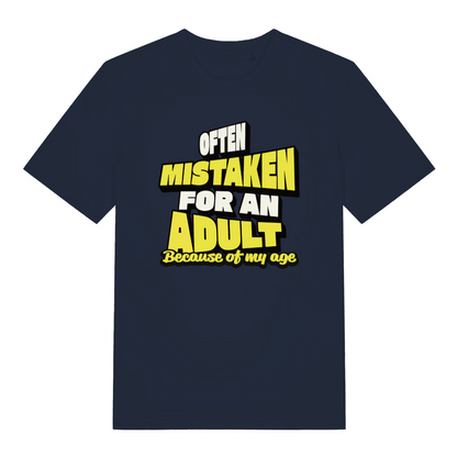 navy women's funny slogan t-shirt with the text 'often mistaken for an adult because of my age'