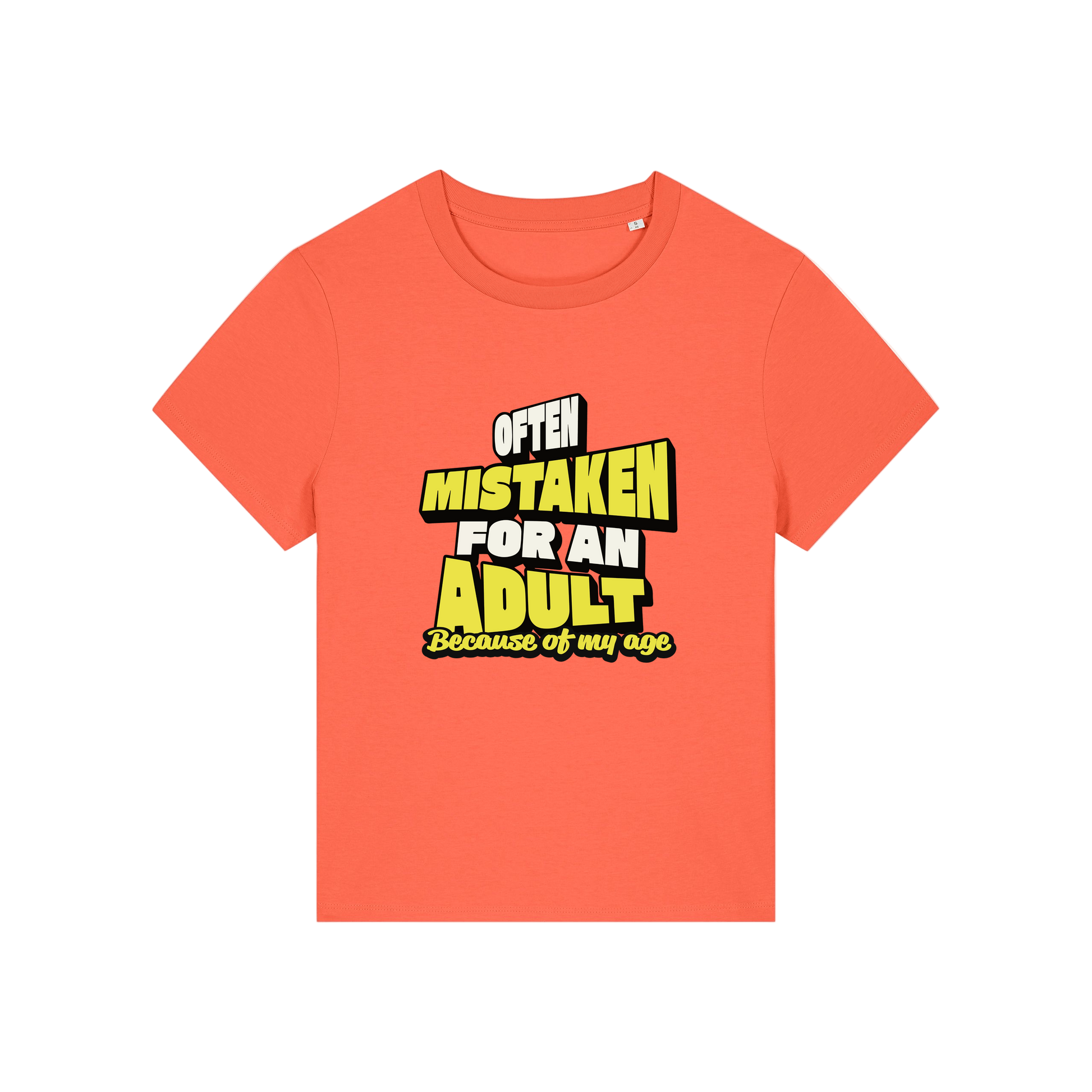 orange funny slogan t-shirt that reads 'often mistaken for an adult because of my age'