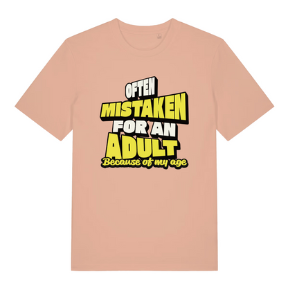 peach women's funny slogan t-shirt with the text 'often mistaken for an adult because of my age'