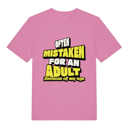 Pink Often Mistaken For An Adult funny slogan t-shirt with bold adult fraud slogan  