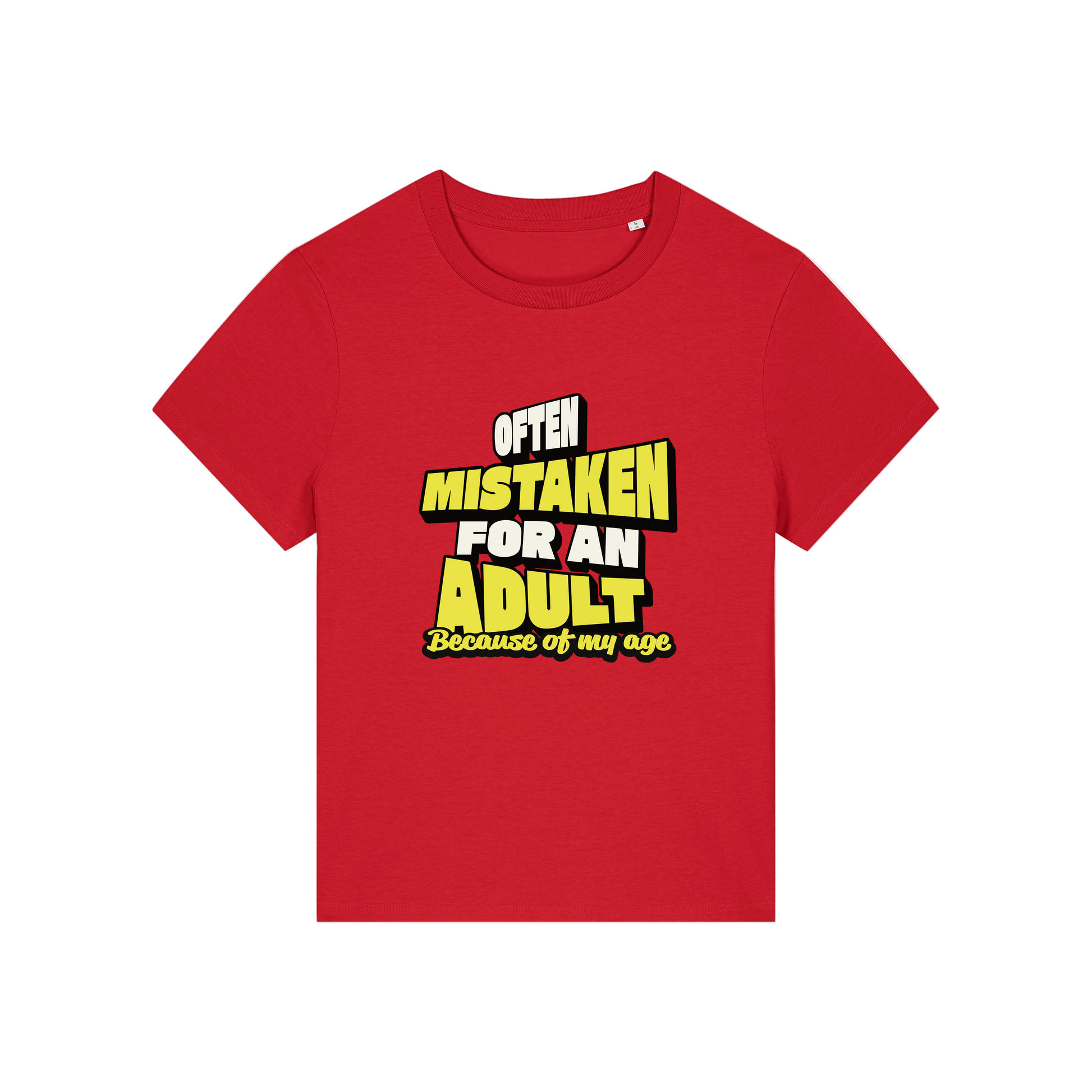 red funny slogan t-shirt that reads 'often mistaken for an adult because of my age'