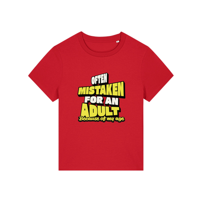 red funny slogan t-shirt that reads 'often mistaken for an adult because of my age'