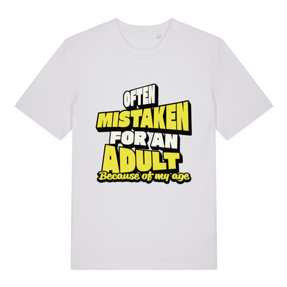 White Often Mistaken For An Adult funny slogan t-shirt with cheeky adulthood design  