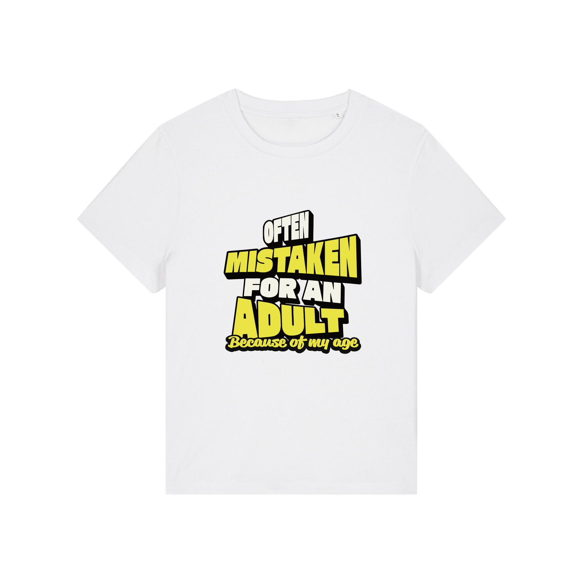 white funny slogan t-shirt that reads 'often mistaken for an adult because of my age'