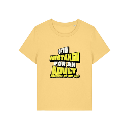 yellow funny slogan t-shirt that reads 'often mistaken for an adult because of my age'