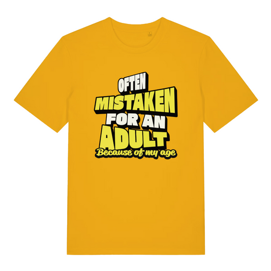 yellow women's funny slogan t-shirt with the text 'often mistaken for an adult because of my age'