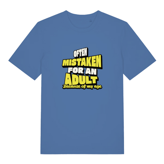 blue funny slogan t-shirt with the text 'often mistaken for an adult because of my age'