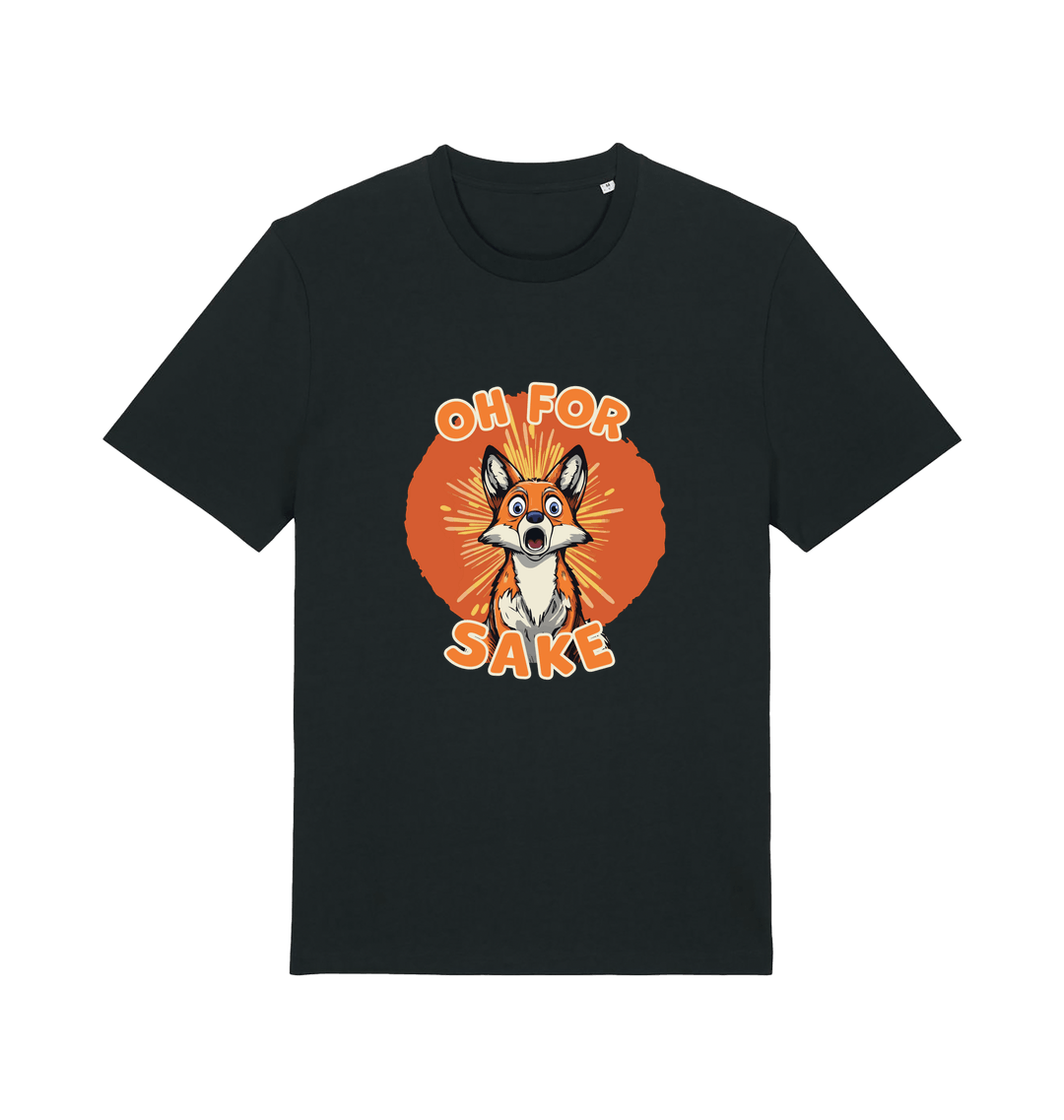 black funny animal t-shirt with the graphic of a cartoon fox and the slogan 'oh for fox sake'