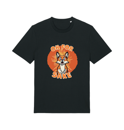black funny animal t-shirt with the graphic of a cartoon fox and the slogan 'oh for fox sake'