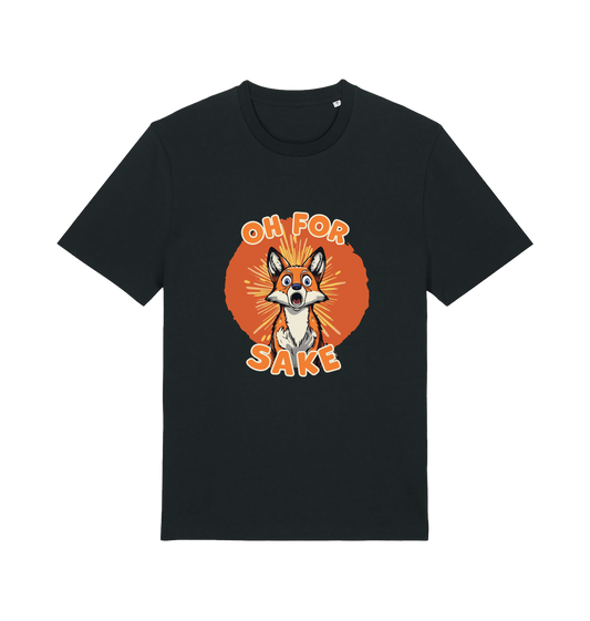 black funny animal t-shirt with the graphic of a cartoon fox and the slogan 'oh for fox sake'