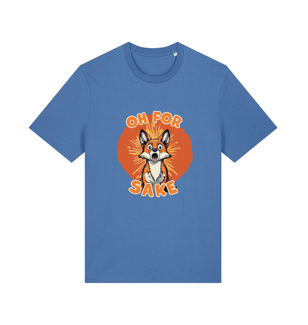 blue funny animal t-shirt with the graphic of a cartoon fox and the slogan 'oh for fox sake'