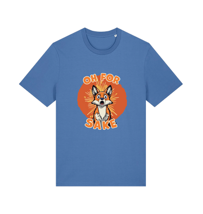 blue funny animal t-shirt with the graphic of a cartoon fox and the slogan 'oh for fox sake'