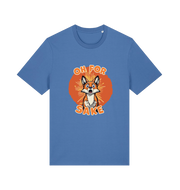 blue funny animal t-shirt with the graphic of a cartoon fox and the slogan 'oh for fox sake'
