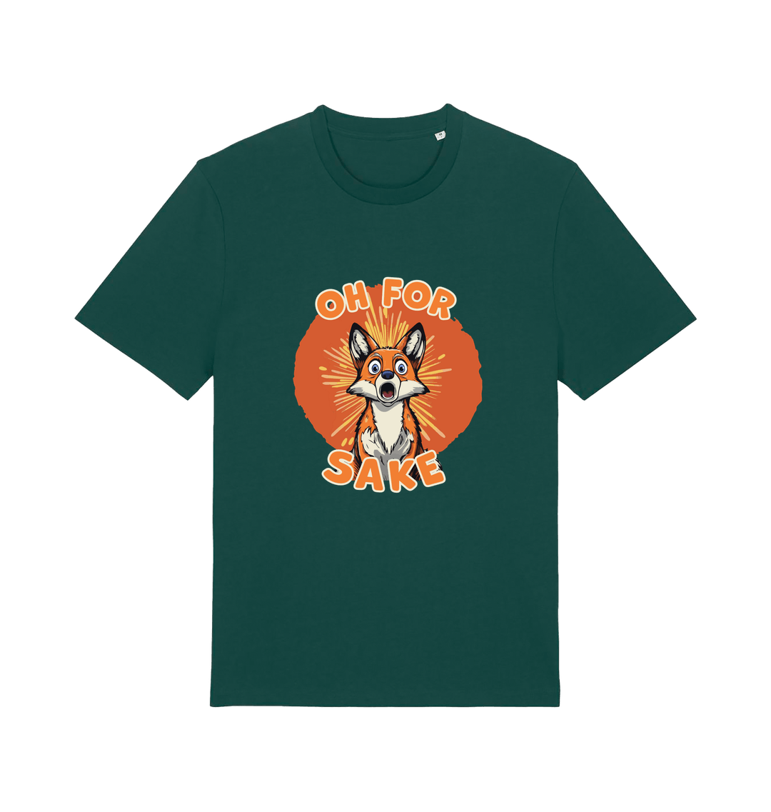 green funny animal t-shirt with the graphic of a cartoon fox and the slogan 'oh for fox sake'