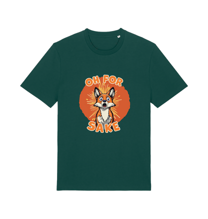 green funny animal t-shirt with the graphic of a cartoon fox and the slogan 'oh for fox sake'