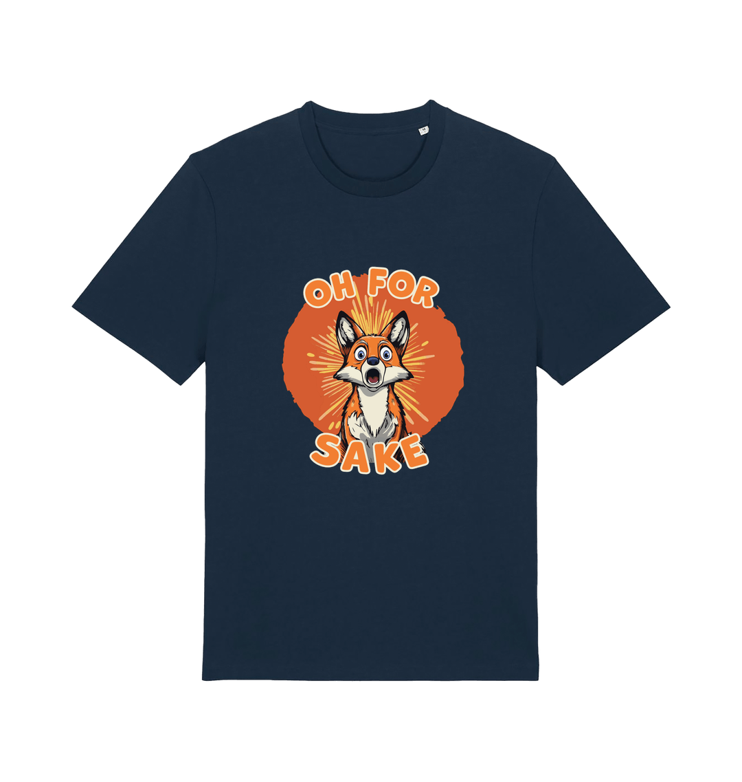 navy funny animal t-shirt with the graphic of a cartoon fox and the slogan 'oh for fox sake'