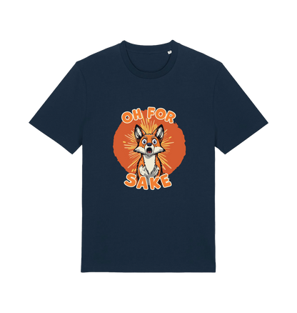 navy funny animal t-shirt with the graphic of a cartoon fox and the slogan 'oh for fox sake'
