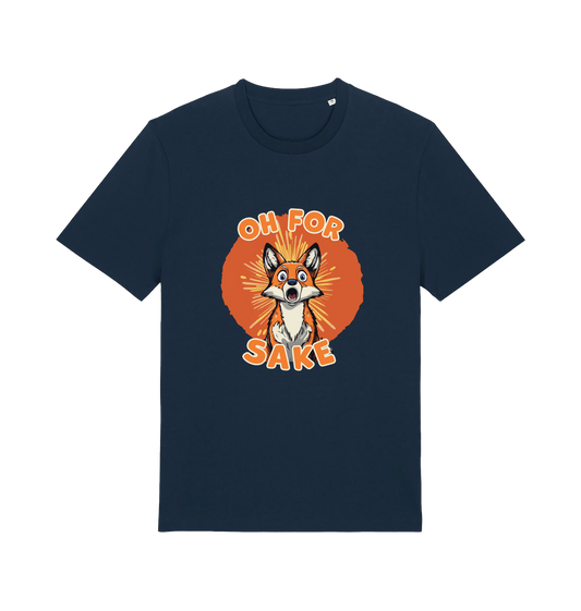 navy funny animal t-shirt with the graphic of a cartoon fox and the slogan 'oh for fox sake'