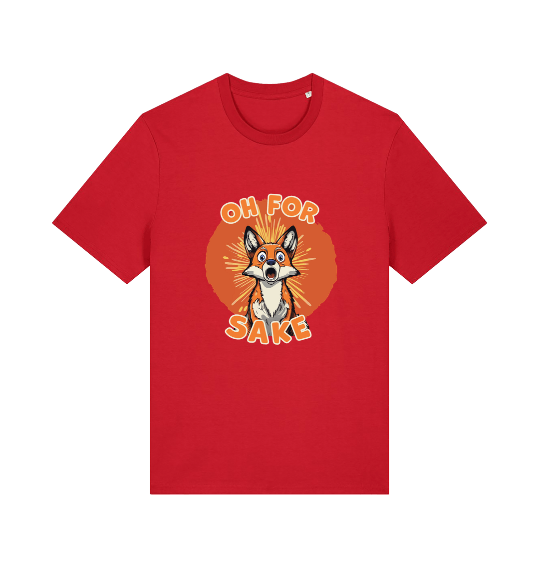 red funny animal t-shirt with the graphic of a cartoon fox and the slogan 'oh for fox sake'