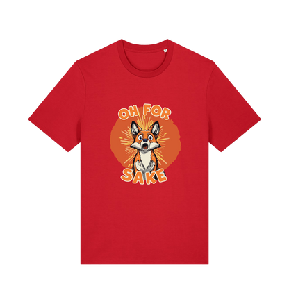 red funny animal t-shirt with the graphic of a cartoon fox and the slogan 'oh for fox sake'