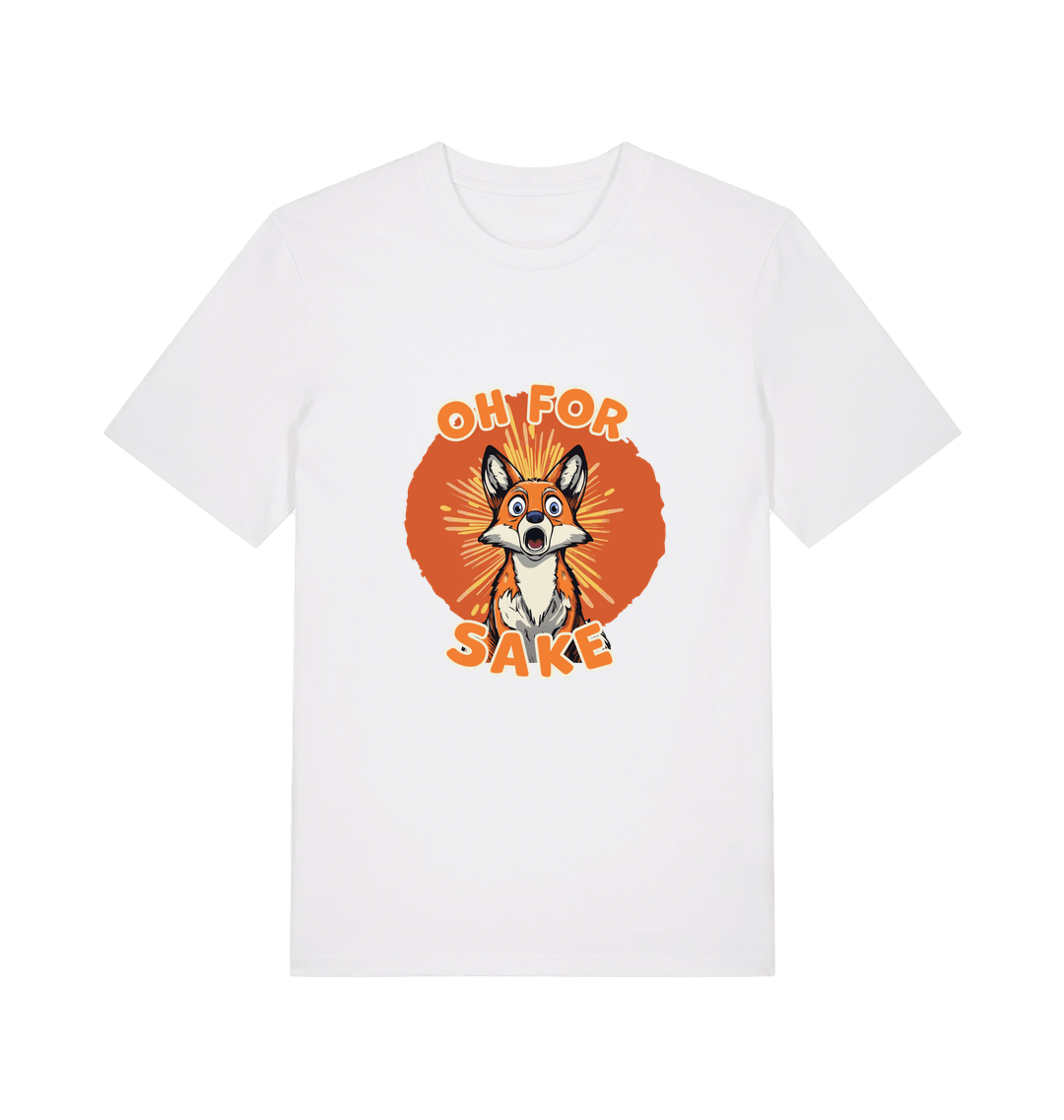 white funny animal t-shirt with the graphic of a cartoon fox and the slogan 'oh for fox sake'