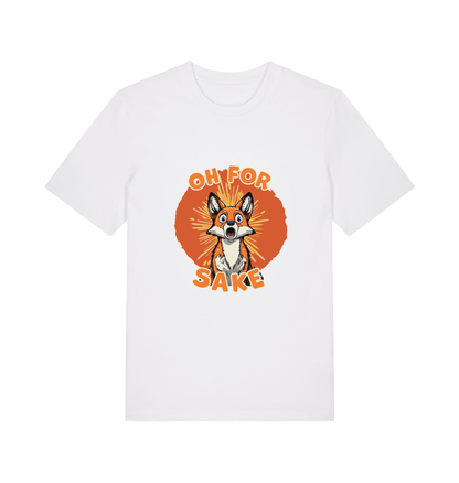 white funny animal t-shirt with the graphic of a cartoon fox and the slogan 'oh for fox sake'