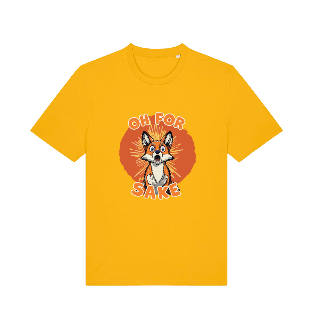 yellow funny animal t-shirt with the graphic of a cartoon fox and the slogan 'oh for fox sake'