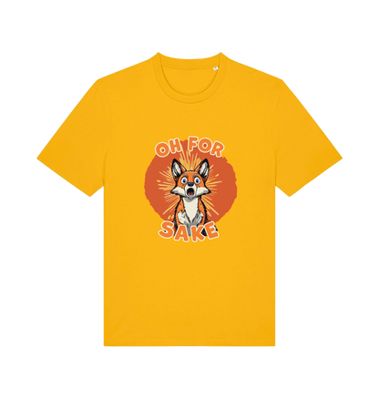 yellow funny animal t-shirt with the graphic of a cartoon fox and the slogan 'oh for fox sake'