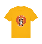 yellow funny animal t-shirt with the graphic of a cartoon fox and the slogan 'oh for fox sake'