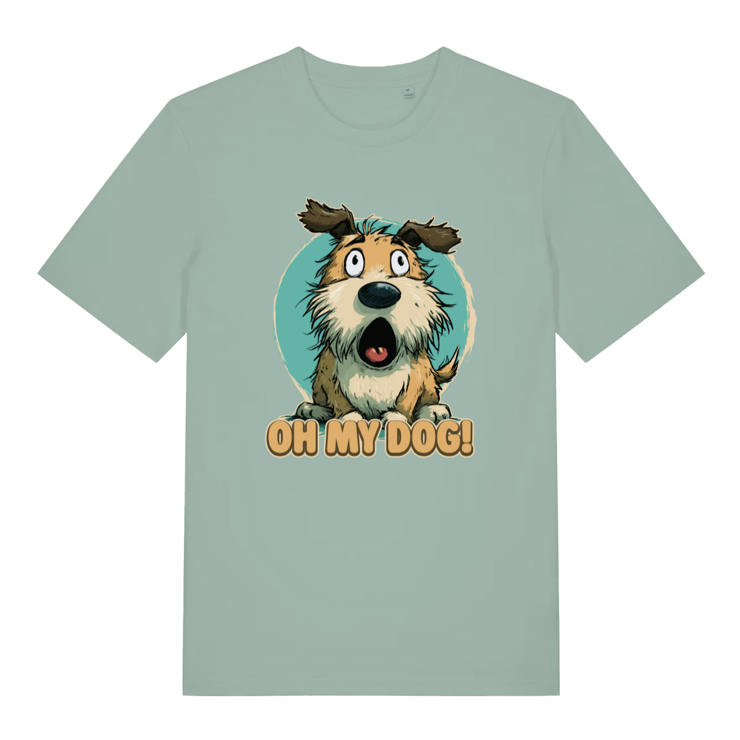 green women's funny animal t-shirt with the graphic of a cartoon dog looking shocked and the slogan 'oh my dog'