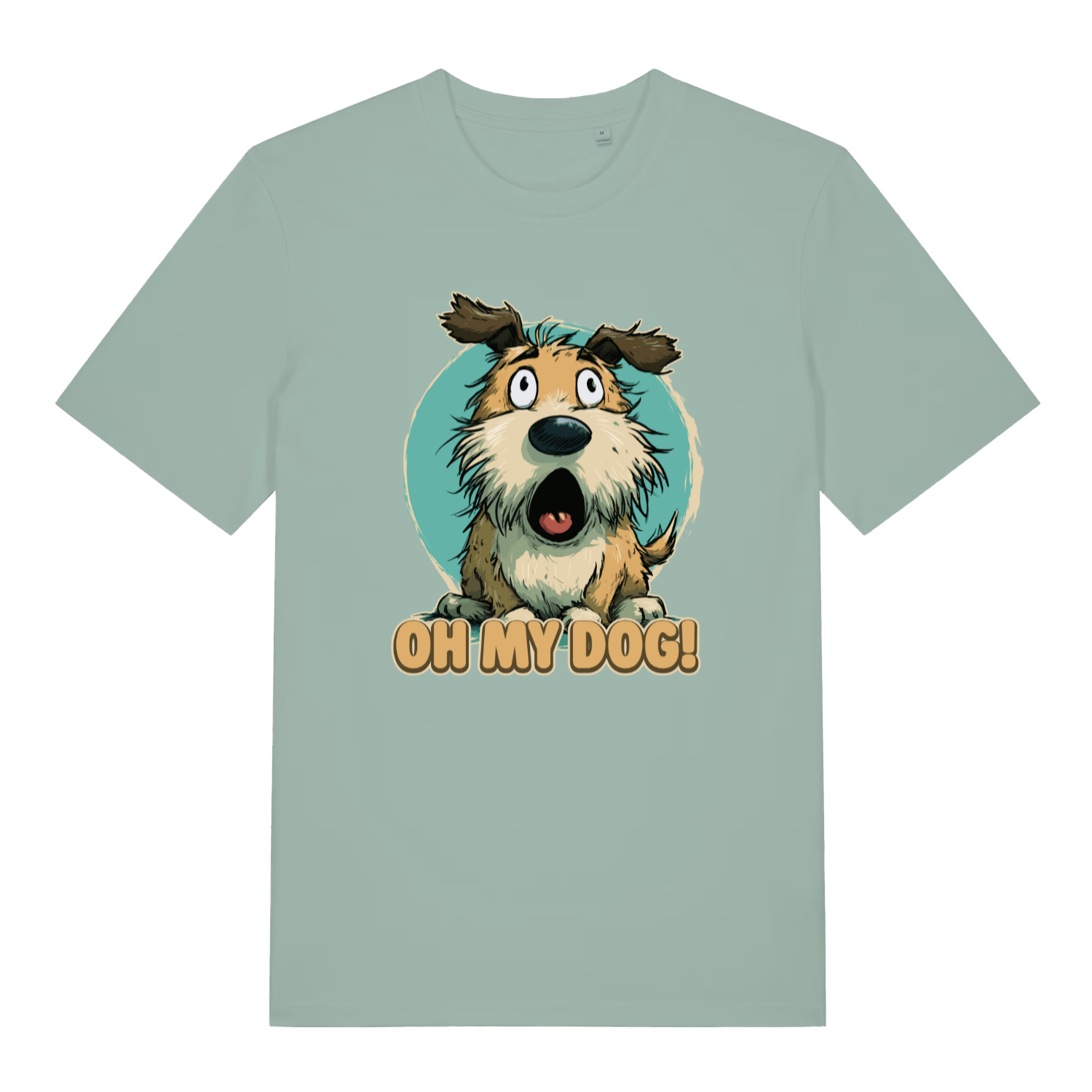 green women's funny animal t-shirt with the graphic of a cartoon dog looking shocked and the slogan 'oh my dog'