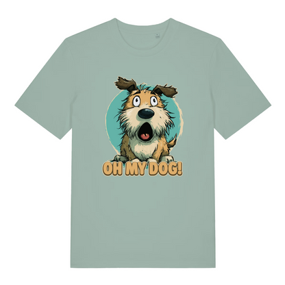 green women's funny animal t-shirt with the graphic of a cartoon dog looking shocked and the slogan 'oh my dog'
