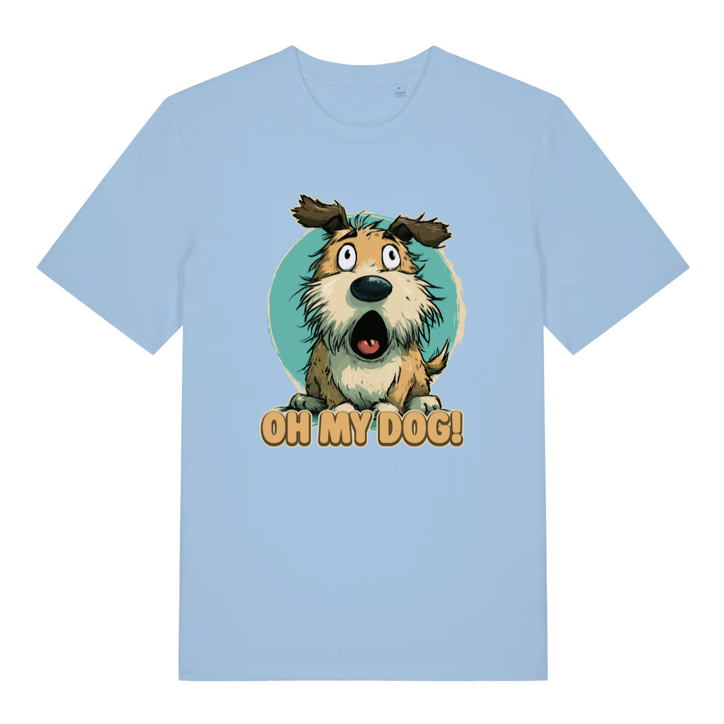 light blue women's funny animal t-shirt with the graphic of a cartoon dog looking shocked and the slogan 'oh my dog'