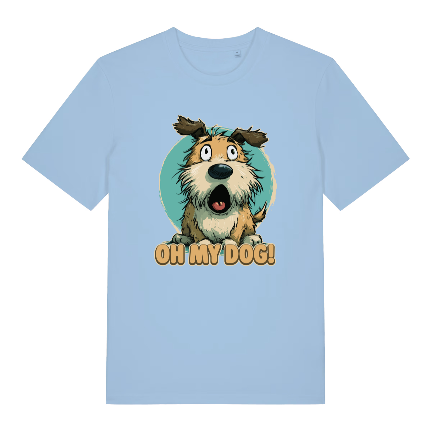 light blue women's funny animal t-shirt with the graphic of a cartoon dog looking shocked and the slogan 'oh my dog'