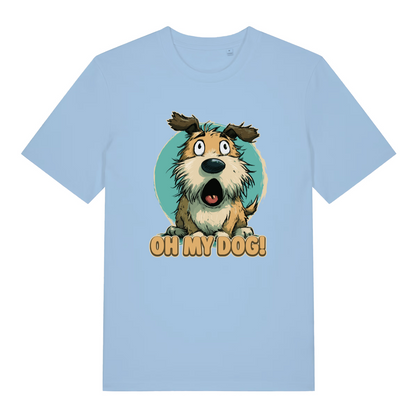 light blue women's funny animal t-shirt with the graphic of a cartoon dog looking shocked and the slogan 'oh my dog'