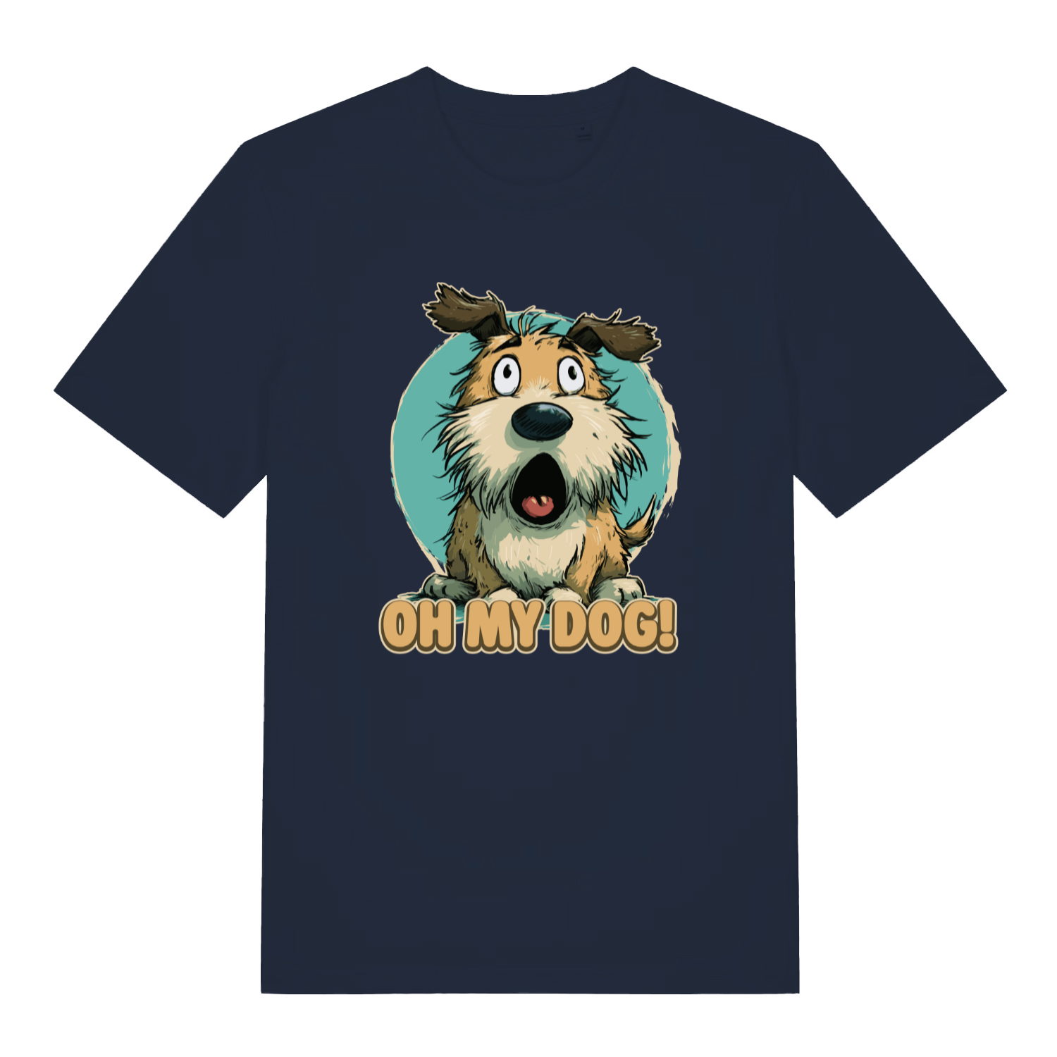 navy women's funny animal t-shirt with the graphic of a cartoon dog looking shocked and the slogan 'oh my dog'