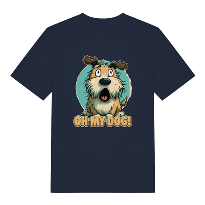 navy women's funny animal t-shirt with the graphic of a cartoon dog looking shocked and the slogan 'oh my dog'