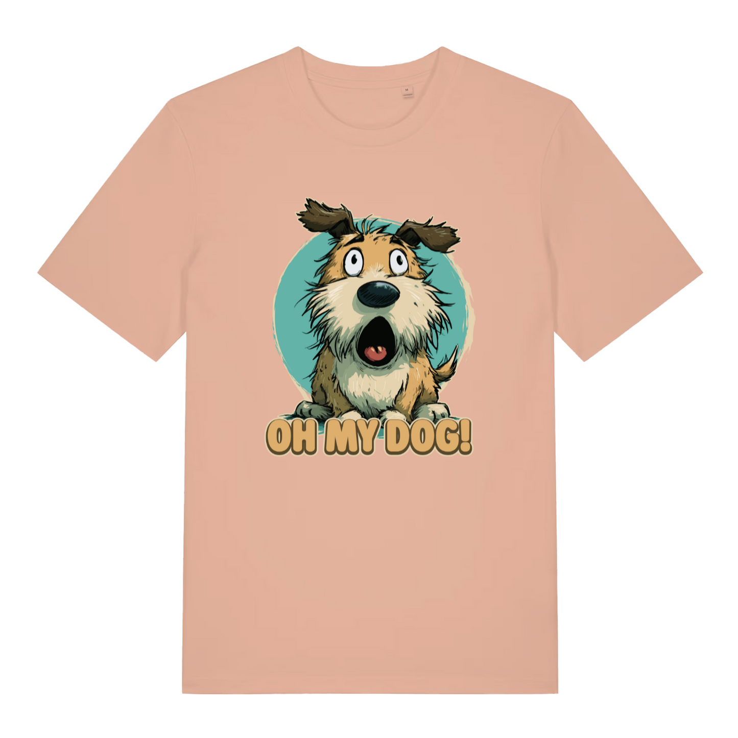 peach women's funny animal t-shirt with the graphic of a cartoon dog looking shocked and the slogan 'oh my dog'